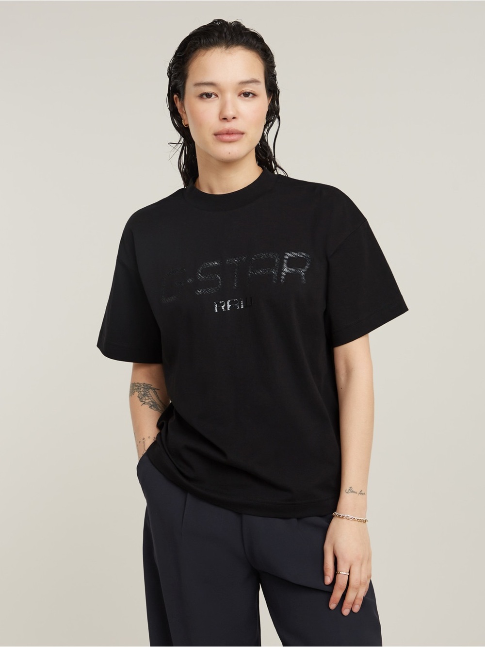 G-Star Raw Shiny Print Loose Top S Black Logo Organic Cotton T-Shirt NWT $60